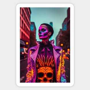 Day of the Dead Cyperpunk Beauty with Futuristic Cityscape - Ultra Realistic Sticker